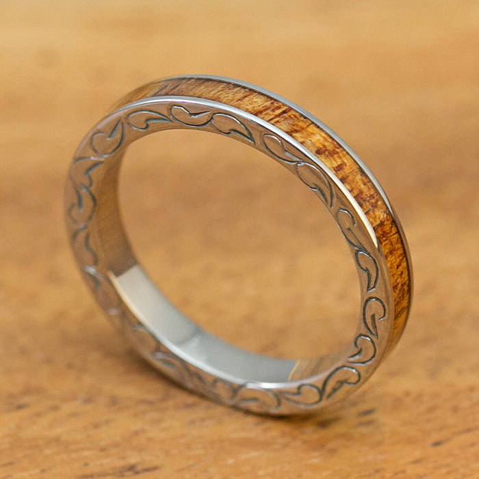 Titanium 3mm Hand Engraved Side Scroll Ring with Koa Wood Inlay, Standard Fitment, Flat Style