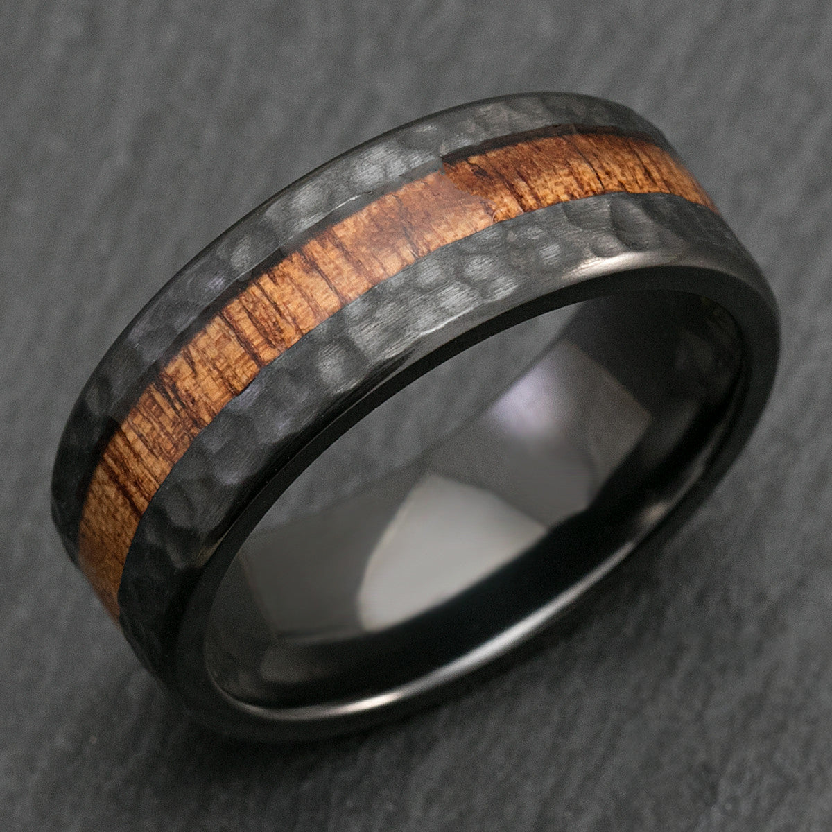 Black Zirconium Hammered Ring with Offset Koa Wood Inlay - 8mm, Flat Shape, Comfort Fitment