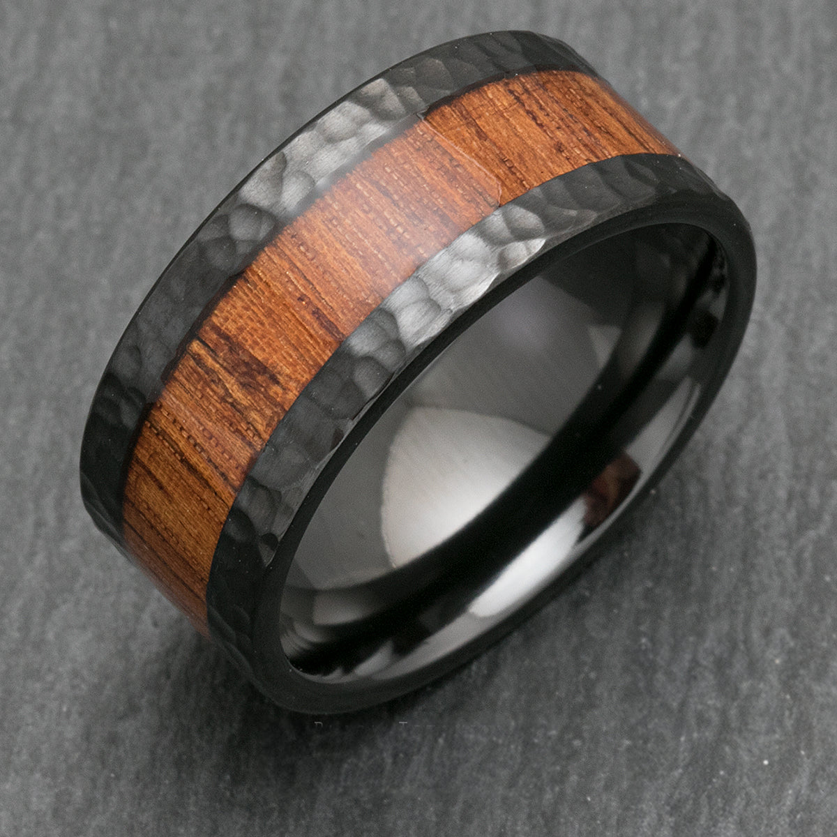 Black Zirconium Hammered Ring [10mm Width] Hawaiian Koa Wood Inlay - Flat Shape, Comfort Fitment