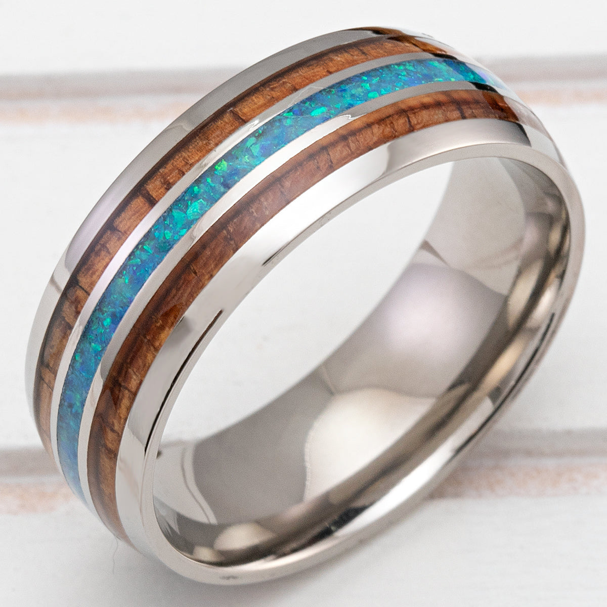 Titanium GR5 Ring [8mm width] Azure Blue Opal & Hawaiian Koa Wood