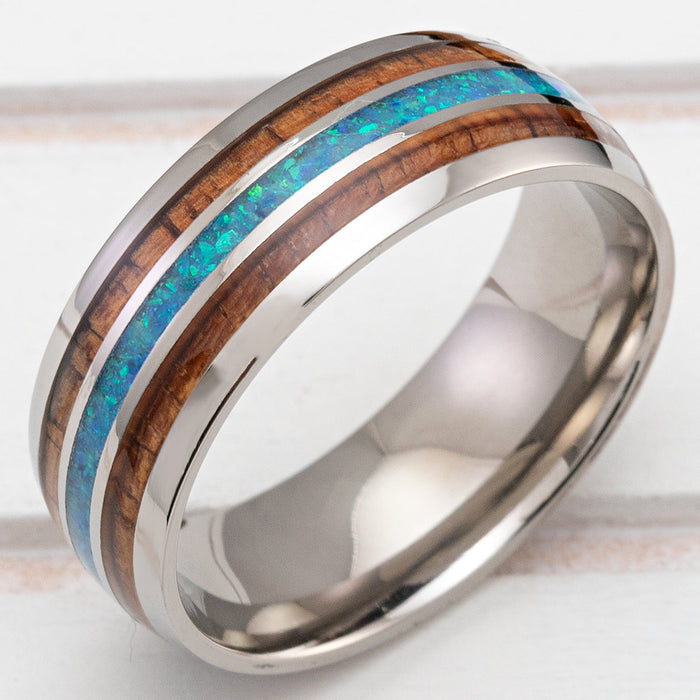Titanium GR5 Ring [8mm width] Azure Blue Opal & Hawaiian Koa Wood