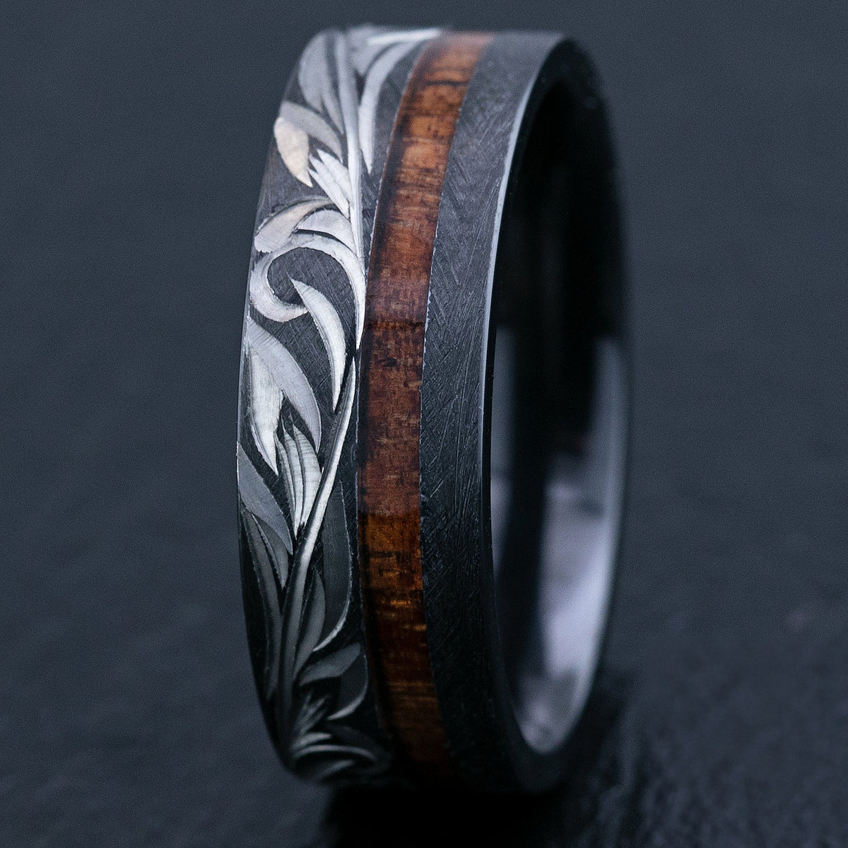 Black Zirconium Hand Engraved Ring [8mm width] Offset Koa Wood Inlay - Flat Shape, Comfort Fitment