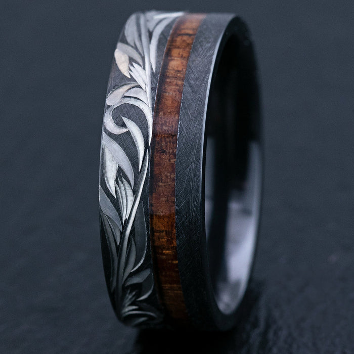 Black Zirconium Hand Engraved Ring [8mm width] Offset Koa Wood Inlay - Flat Shape, Comfort Fitment