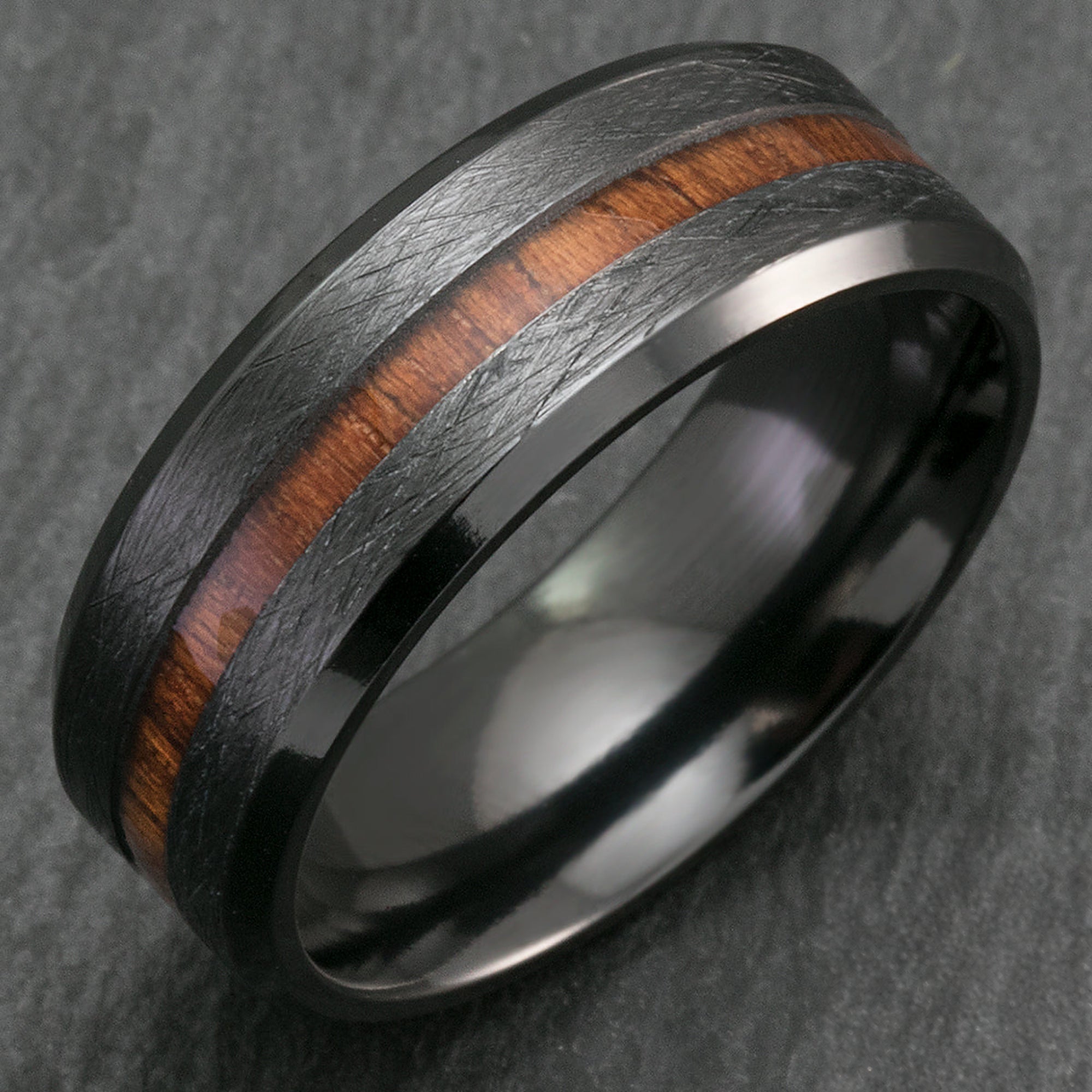 Black Zirconium Cross Brushed Beveled Edge Ring with Hawaiian Koa Wood Inlay - 8mm, Flat Shape, Comfort Fitment