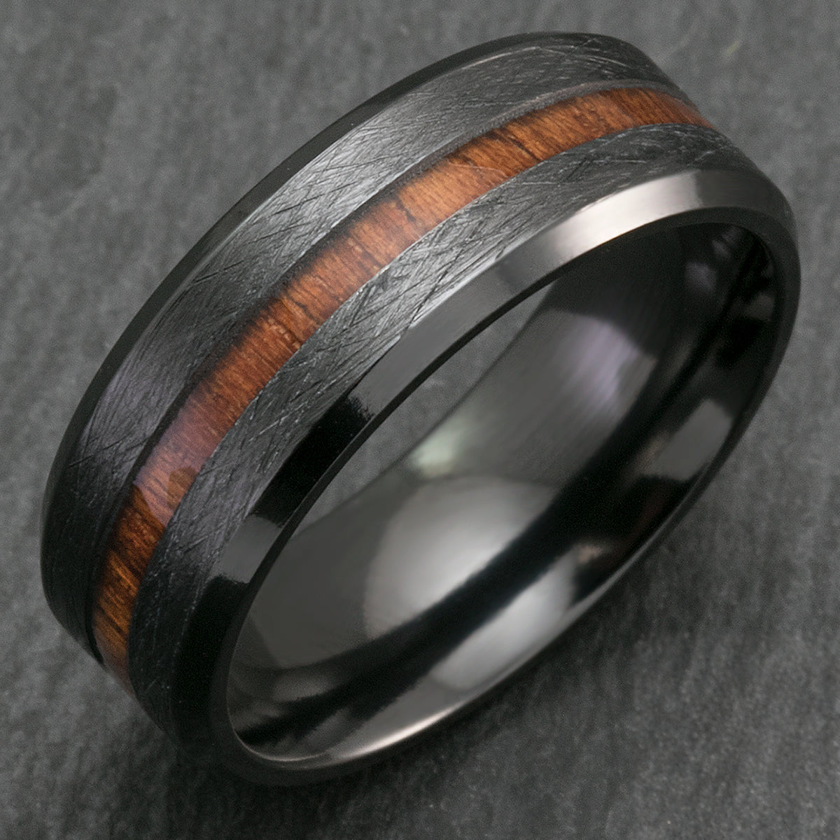 Black Zirconium Cross Brushed Beveled Edge Ring with Hawaiian Koa Wood Inlay - 8mm, Flat Shape, Comfort Fitment