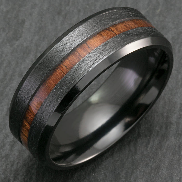 Black Zirconium Cross Brushed Beveled Edge Ring with Hawaiian Koa Wood Inlay - 8mm, Flat Shape, Comfort Fitment
