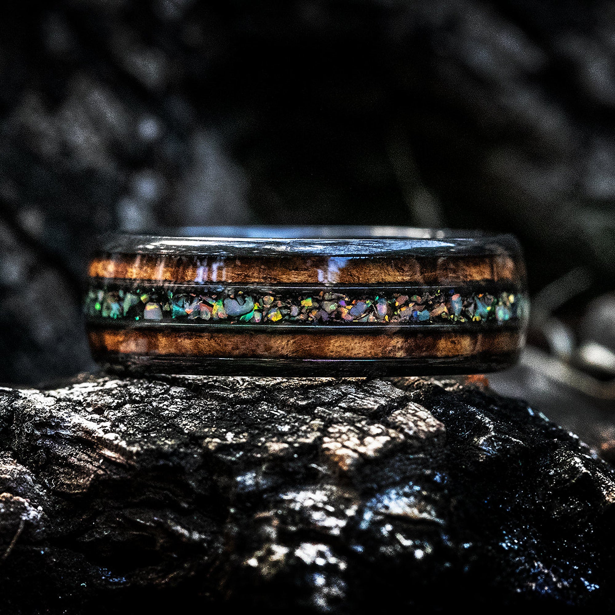 Black Zirconium Ring with Hawaiian Koa & Fire Opal Tri-Inlay - 8mm, Dome Shape, Comfort Fitment