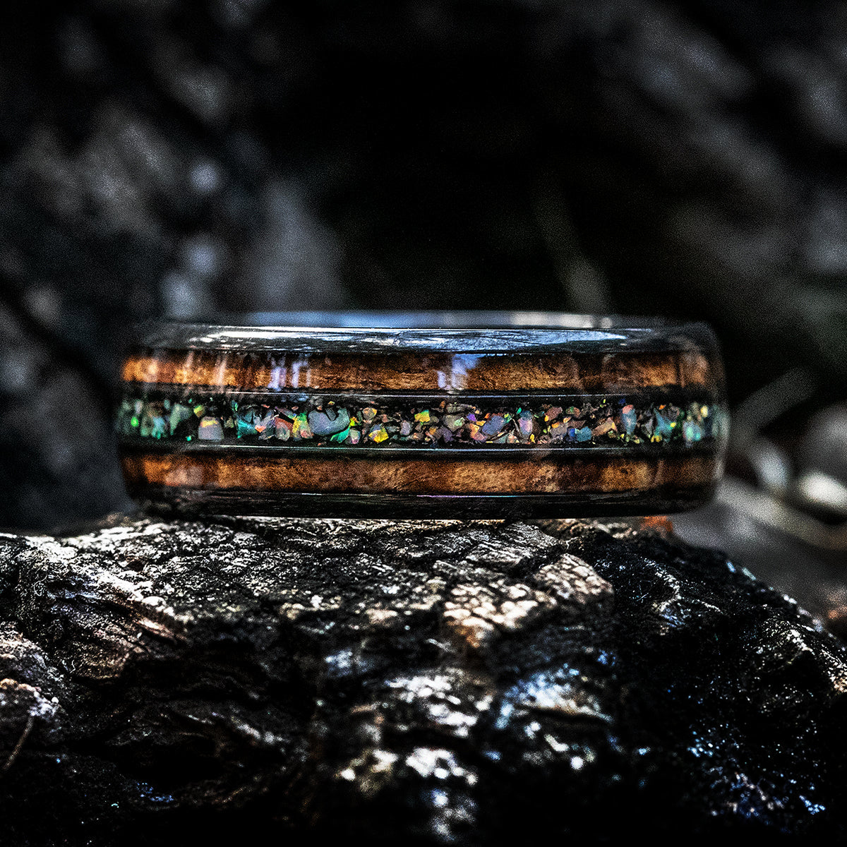 Black Zirconium Ring with Hawaiian Koa & Fire Opal Tri-Inlay - 8mm, Dome Shape, Comfort Fitment
