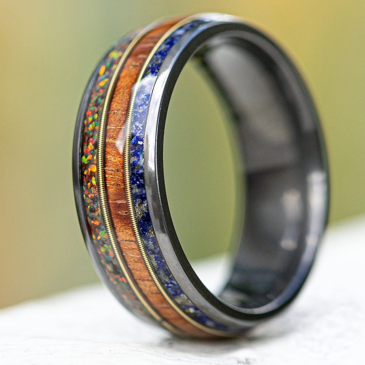 Zirconium with Fire Opal + Hawaiian Koa Wood + Lapis & Mid Guitar String Ring - 8mm, Dome Shape, Comfort Fitment