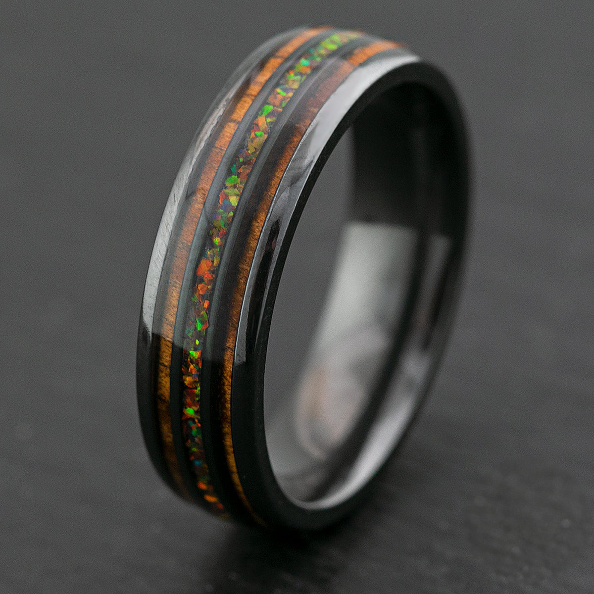 Zirconium Ring Fire Opal & Hawaiian Koa Tri-Inlay / 6mm / Dome Shape & Comfort Fitment