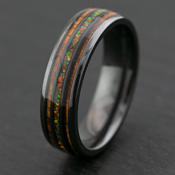 Zirconium Ring Fire Opal & Hawaiian Koa Tri-Inlay / 6mm / Dome Shape & Comfort Fitment