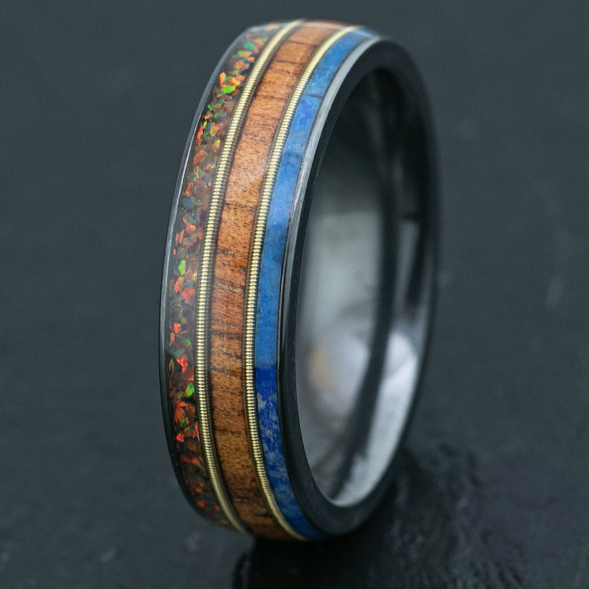 Zirconium Ring with Mid Guitar String / Fire Opal + Hawaiian Koa Wood + Lapis /  6mm / Dome Shape & Comfort Fitment