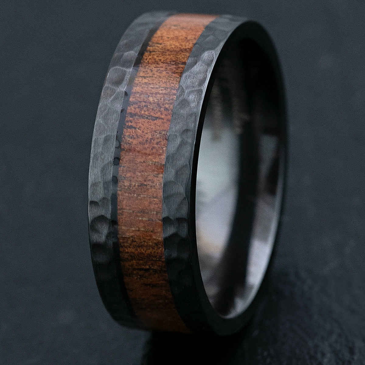 Black Zirconium Hammered Ring & Hawaiian Koa Wood Inlay / 8mm width / Flat Shape, Comfort Fitment