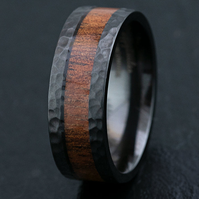 Black Zirconium Hammered Ring & Hawaiian Koa Wood Inlay / 8mm width / Flat Shape, Comfort Fitment