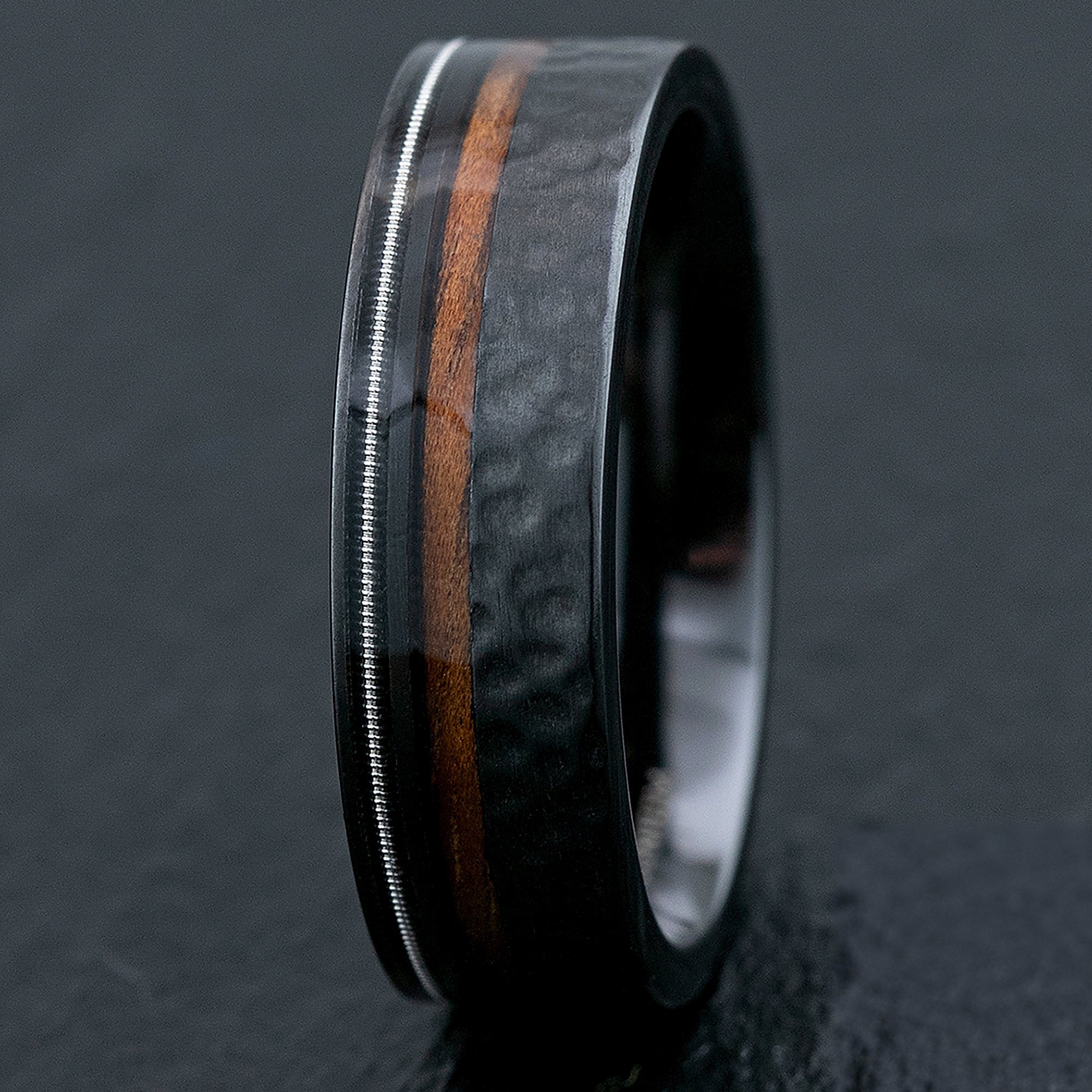 Black Zirconium Ring with Hawaiian Koa Wood & Guitar String / 7mm Width / Flat Shape , Comfort Fitment