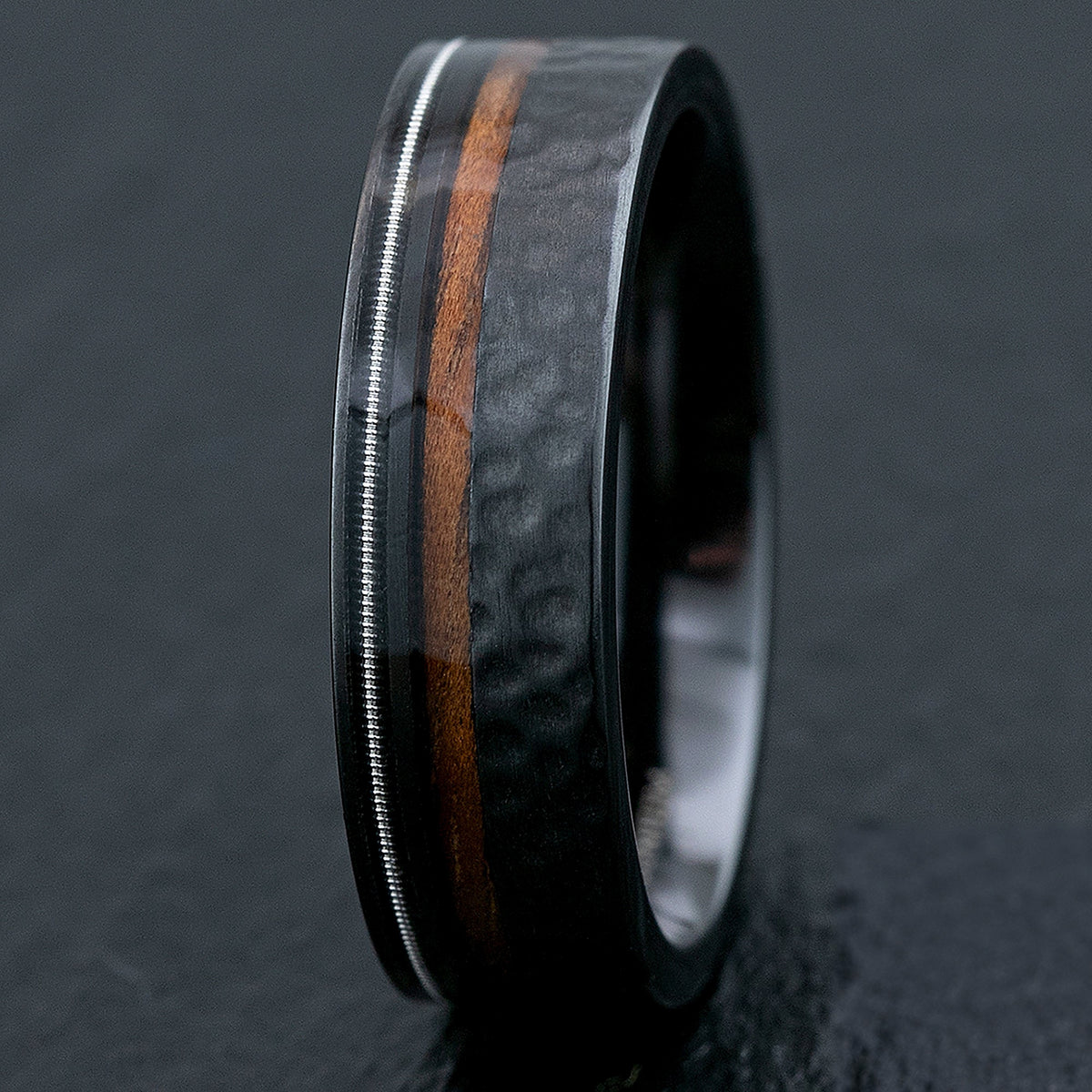 Black Zirconium Ring with Hawaiian Koa Wood & Guitar String / 7mm Width / Flat Shape , Comfort Fitment