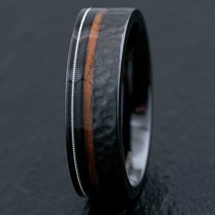Black Zirconium Ring with Hawaiian Koa Wood & Guitar String / 7mm Width / Flat Shape , Comfort Fitment