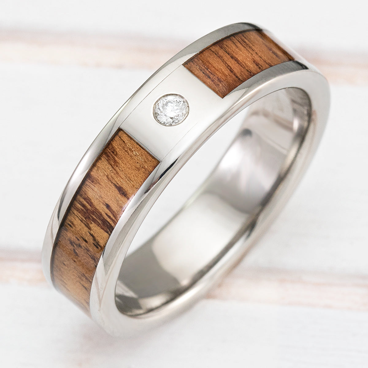 Titanium Diamond Ring with Hawaiian Koa Wood Inlay [6mm width] Flat Shape, Standard Fitment