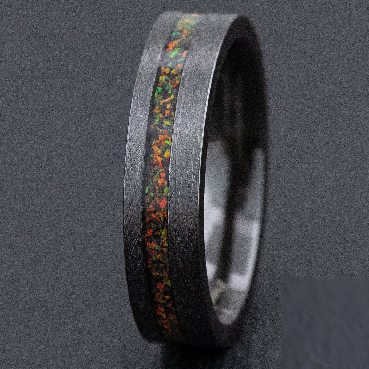 Zirconium Brushed Finished Ring [6mm width] Fire Opal Inlay - Flat Shape, Comfort Fit
