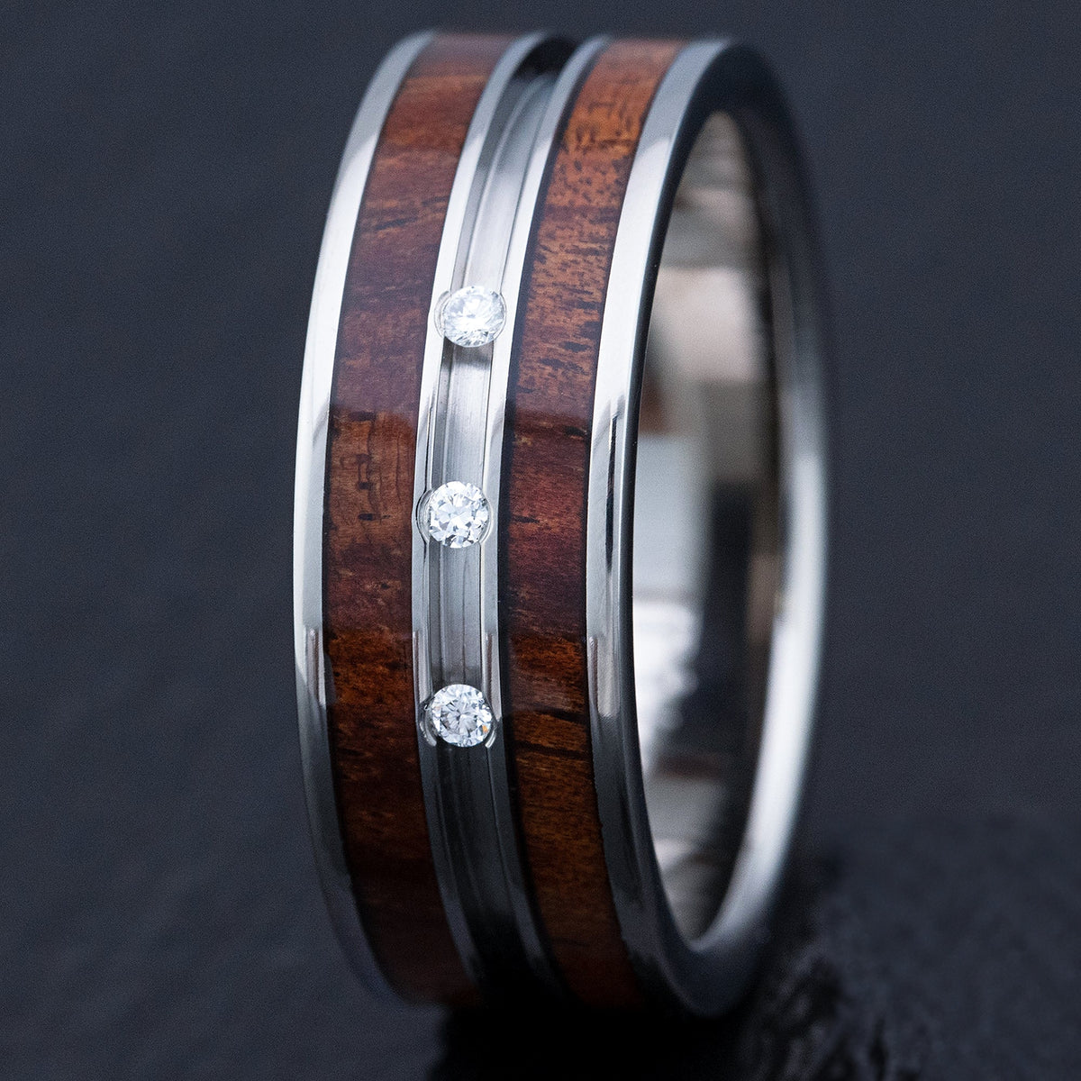 Titanium Tension Set Diamond Ring [8mm width] Hawaiian Koa Wood - Standard Fitment