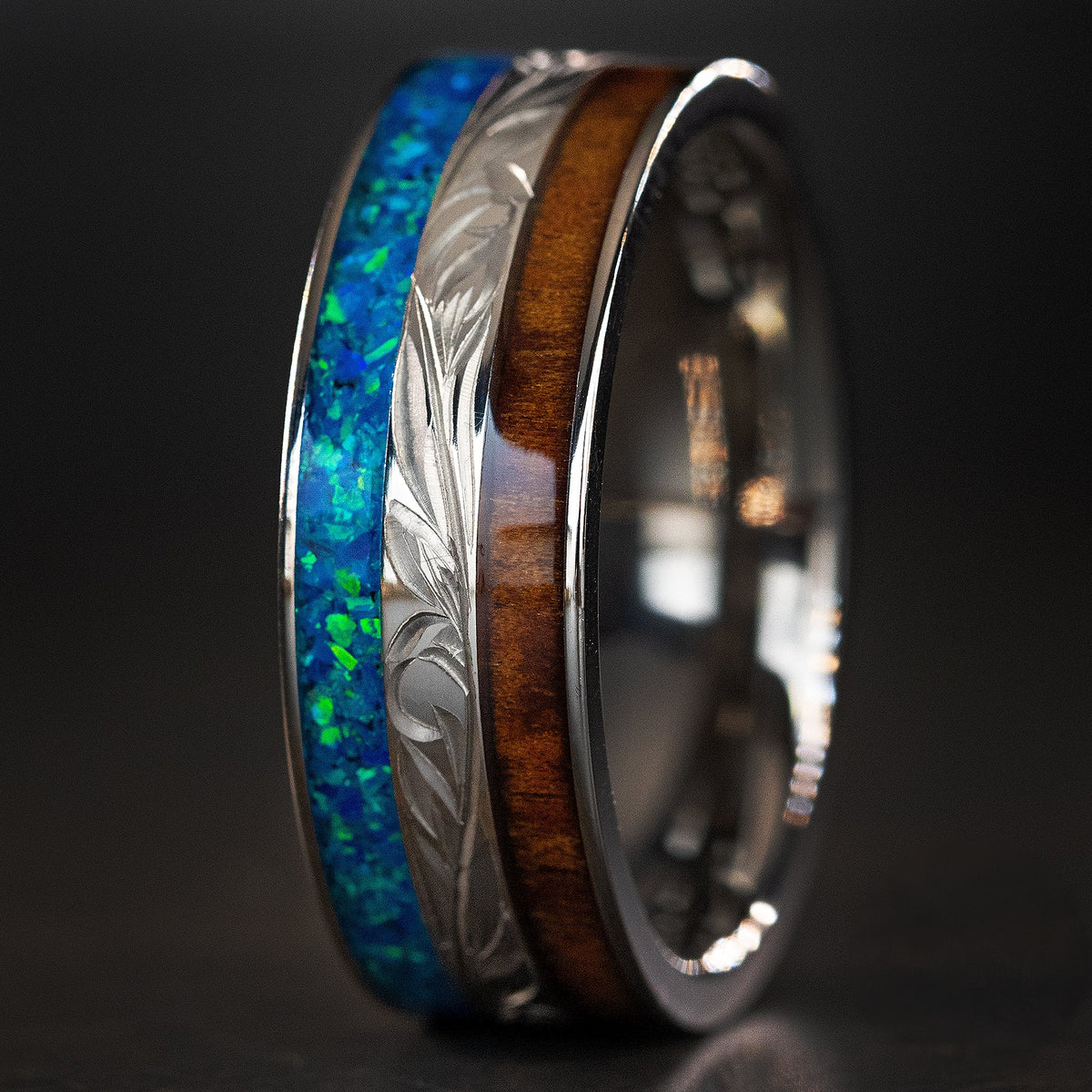 Titanium Hand Engraved Ring [8mm width] Azure Blue Opal & Hawaiian Koa Wood Inlay - Flat Shape, Comfort Fitment