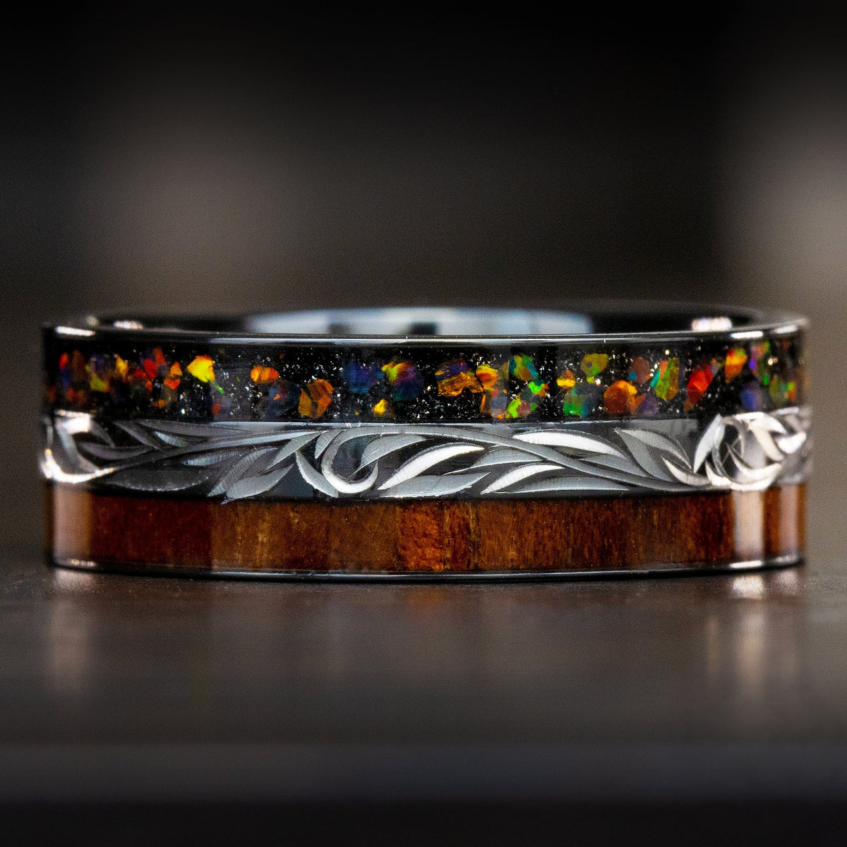Black Zirconium Hand Engraved [8mm width] Fire Opal & Hawaiian Koa Wood
