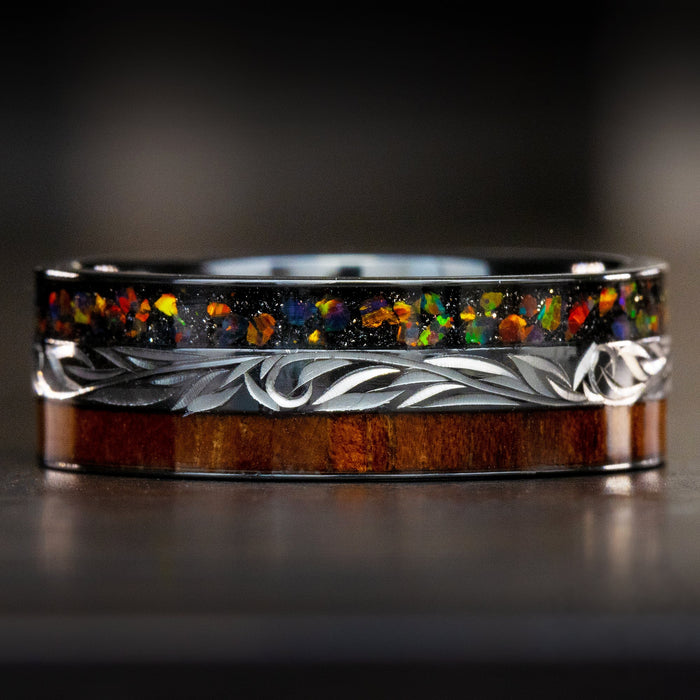Black Zirconium Hand Engraved [8mm width] Fire Opal & Hawaiian Koa Wood