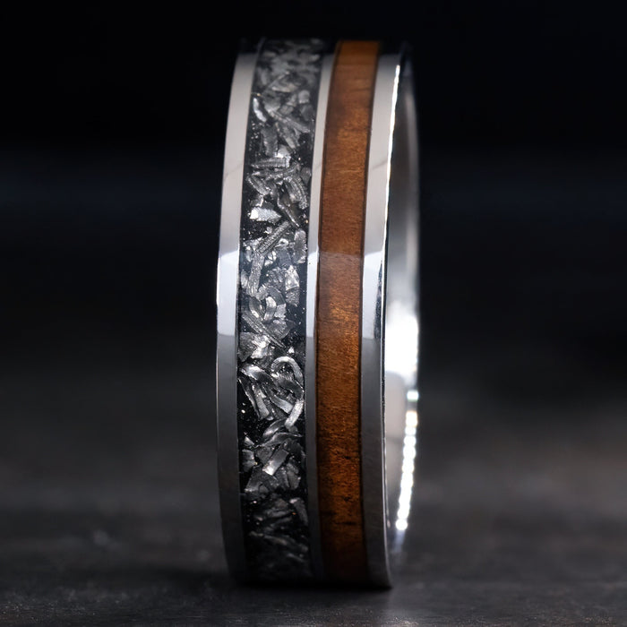 Titanium GR5 Ring 'Noho ʻana - Way of Life' [7mm width] Gibeon Meteorite & Hawaiian Koa Wood
