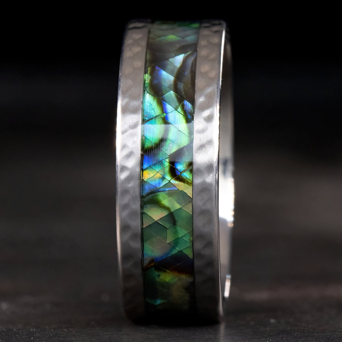 Titanium Hammered Ring [8mm width] Mosaic Abalone Pau'a Shell