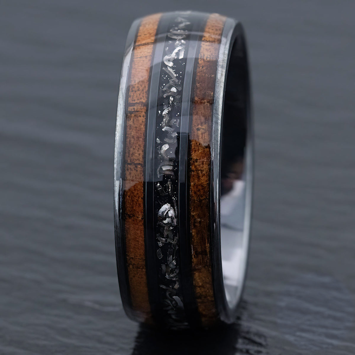 Black Titanium Ring [8mm width] Hawaiian Koa Wood & Meteorite