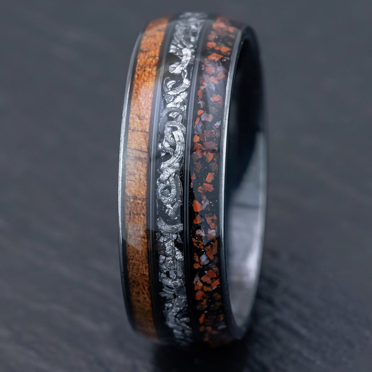 Black Titanium Ring 'Circle of Life' [8mm width] Hawaiian Koa Wood, Meteorite, Dinosaur Bone