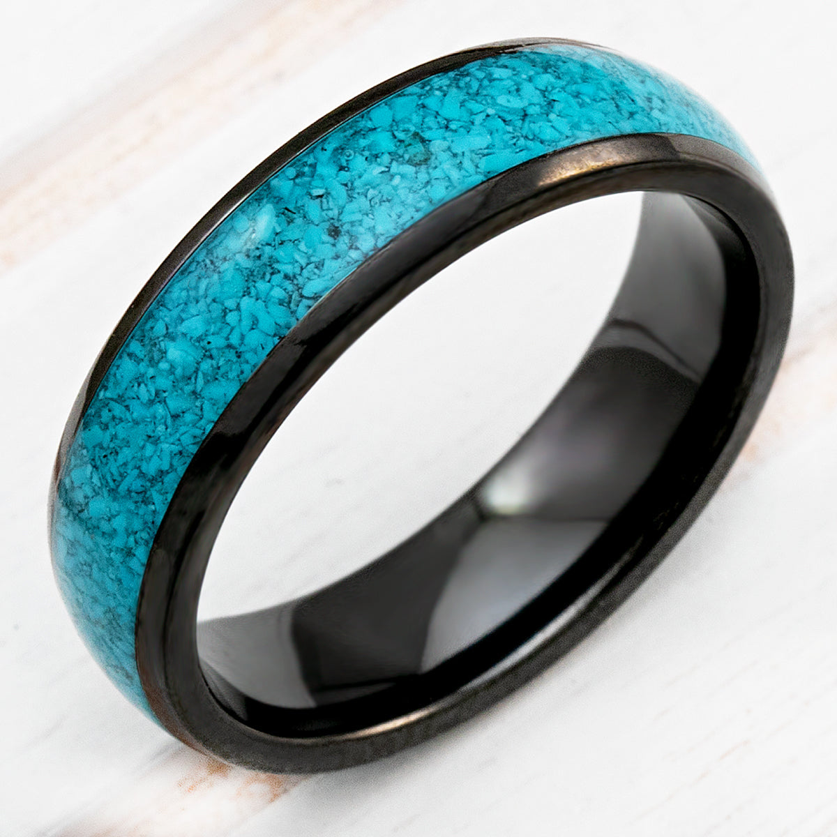 Black Zirconium Ring with Crushed Turquoise Inlay - 6mm, Dome Shape, Comfort Fitment