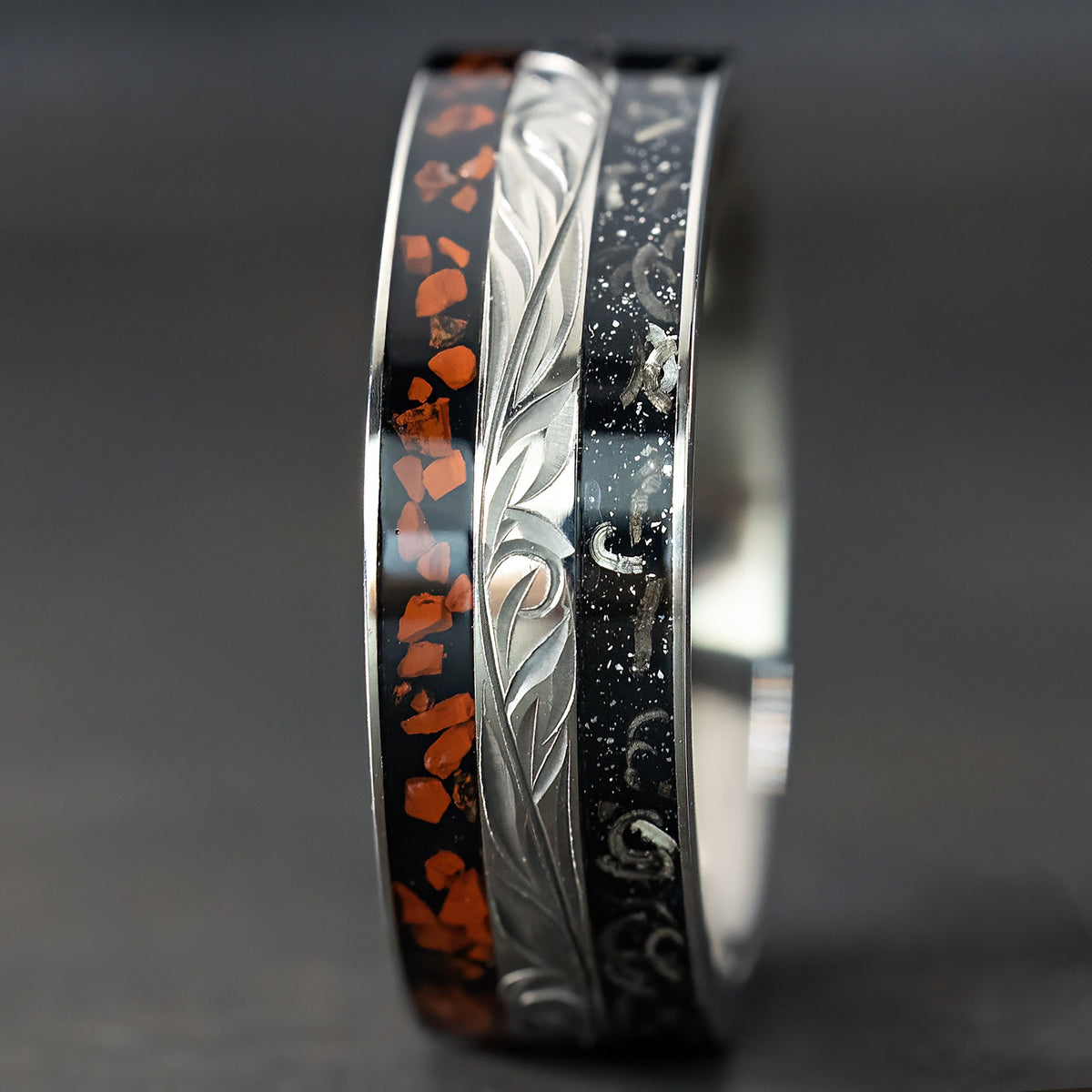 Titanium Hand Engraved Ring [8mm width] Dinosaur Bone & Meteorite Inlay - Flat Shape, Comfort Fitment