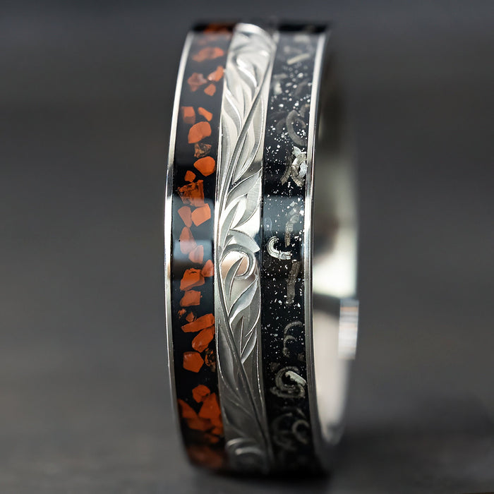 Titanium Hand Engraved Ring [8mm width] Dinosaur Bone & Meteorite Inlay - Flat Shape, Comfort Fitment