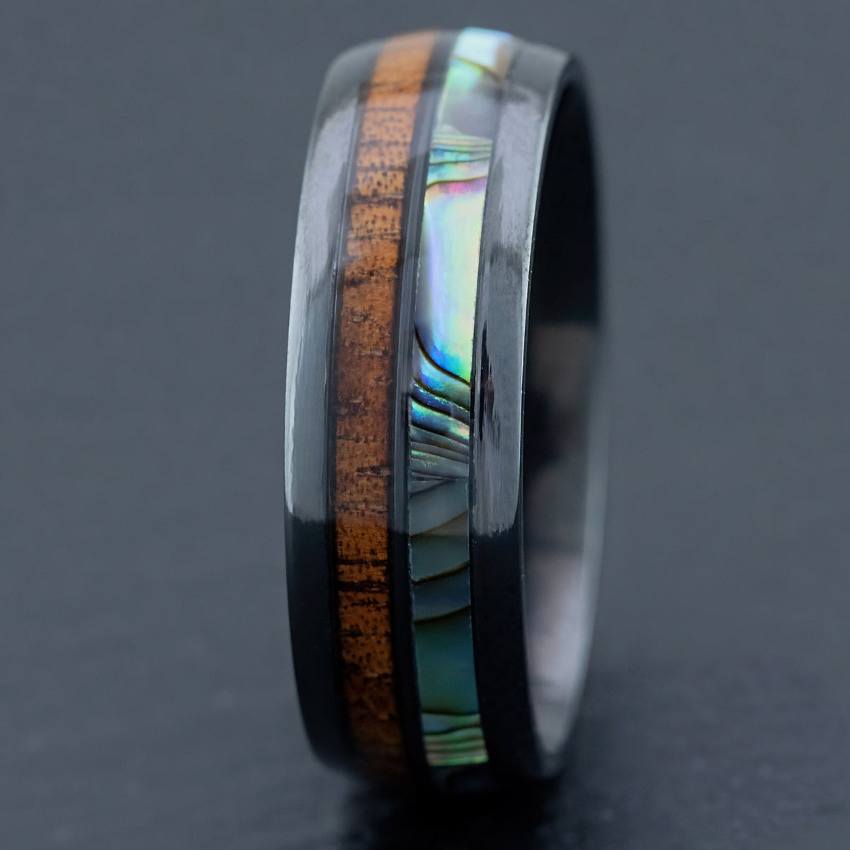 Black Zirconium Ring [8mm width] Abalone Shell & Hawaiian Koa Duo-Inlay