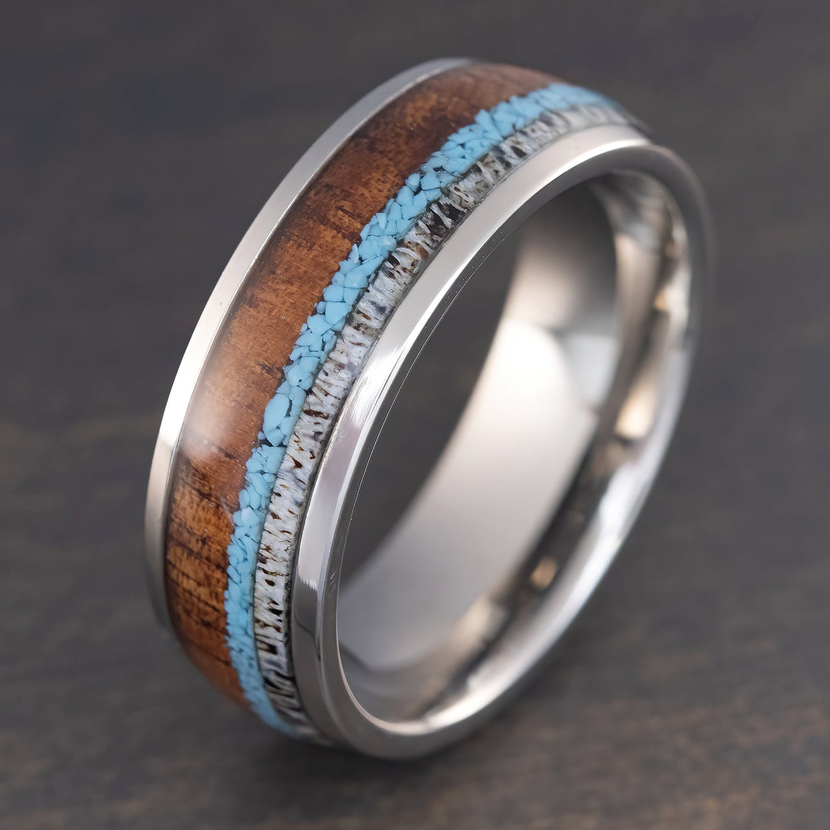 Titanium GR5 Ring [8mm width] Antler, Turquoise, & Hawaiian Koa Wood