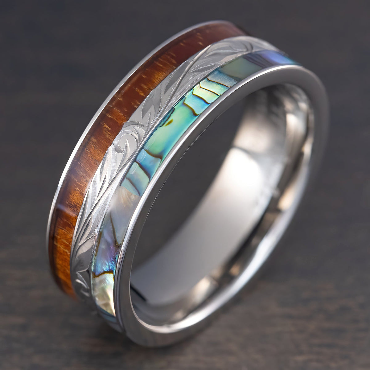 Titanium Hand Engraved Ring [8mm width] Abalone Shell & Hawaiian Koa Wood Inlay