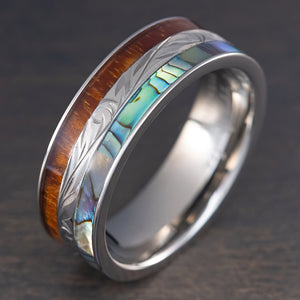 Titanium Hand Engraved Ring [8mm width] Abalone Shell & Hawaiian Koa Wood Inlay