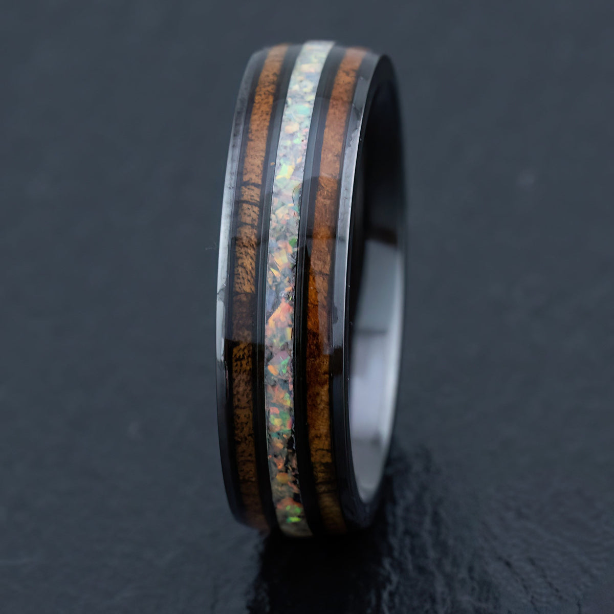 Zirconium Ring [6mm width] White Opal & Hawaiian Koa