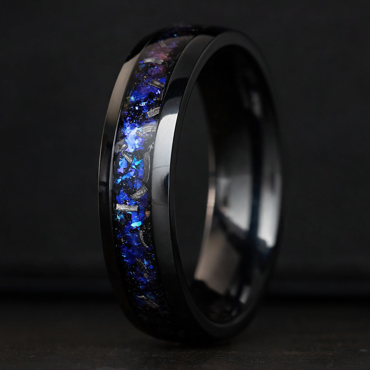 Black Titanium Ring [6mm width] Blue Fire Opal & Meteorite