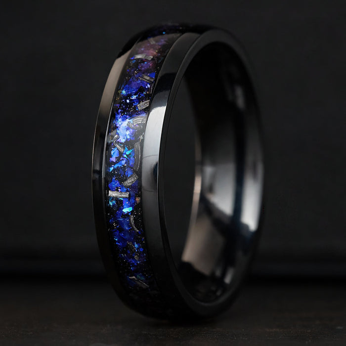 Black Titanium Ring [6mm width] Blue Fire Opal & Meteorite