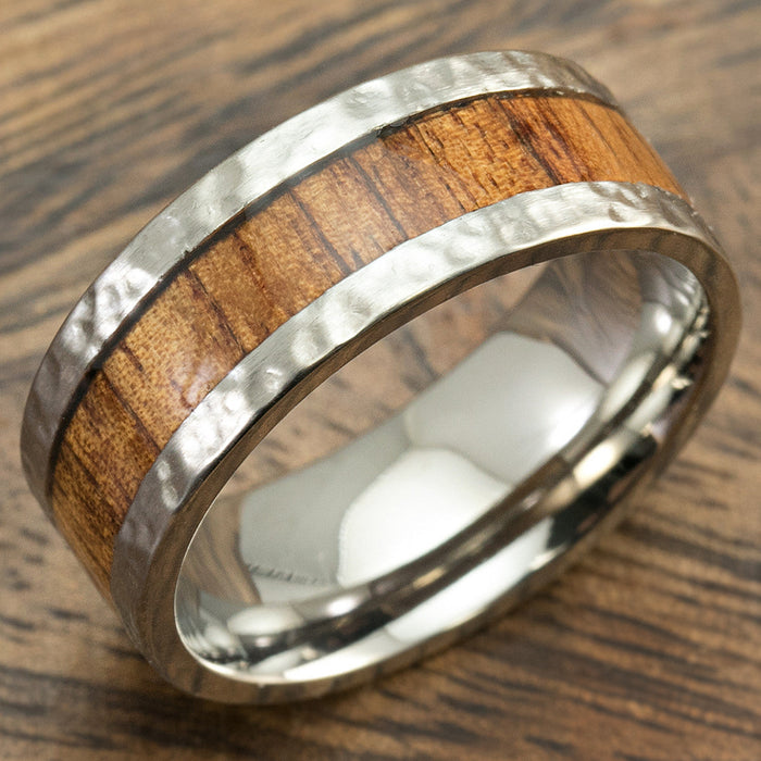 Hammered Titanium Ring with Hawaiian Koa Wood inlay - 8-10mm Comfort Fitment, Flat Shaped