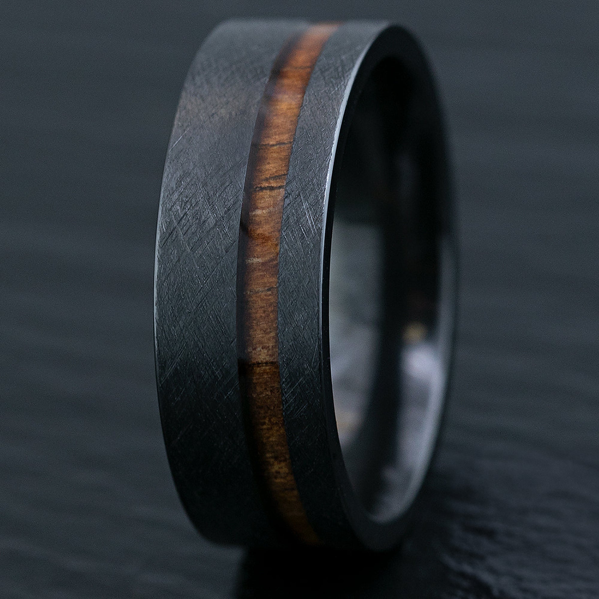 Black Zirconium Brushed Finished Ring with Offset Koa Wood Inlay, 8mm, Comfort Fitment, Flat Shape