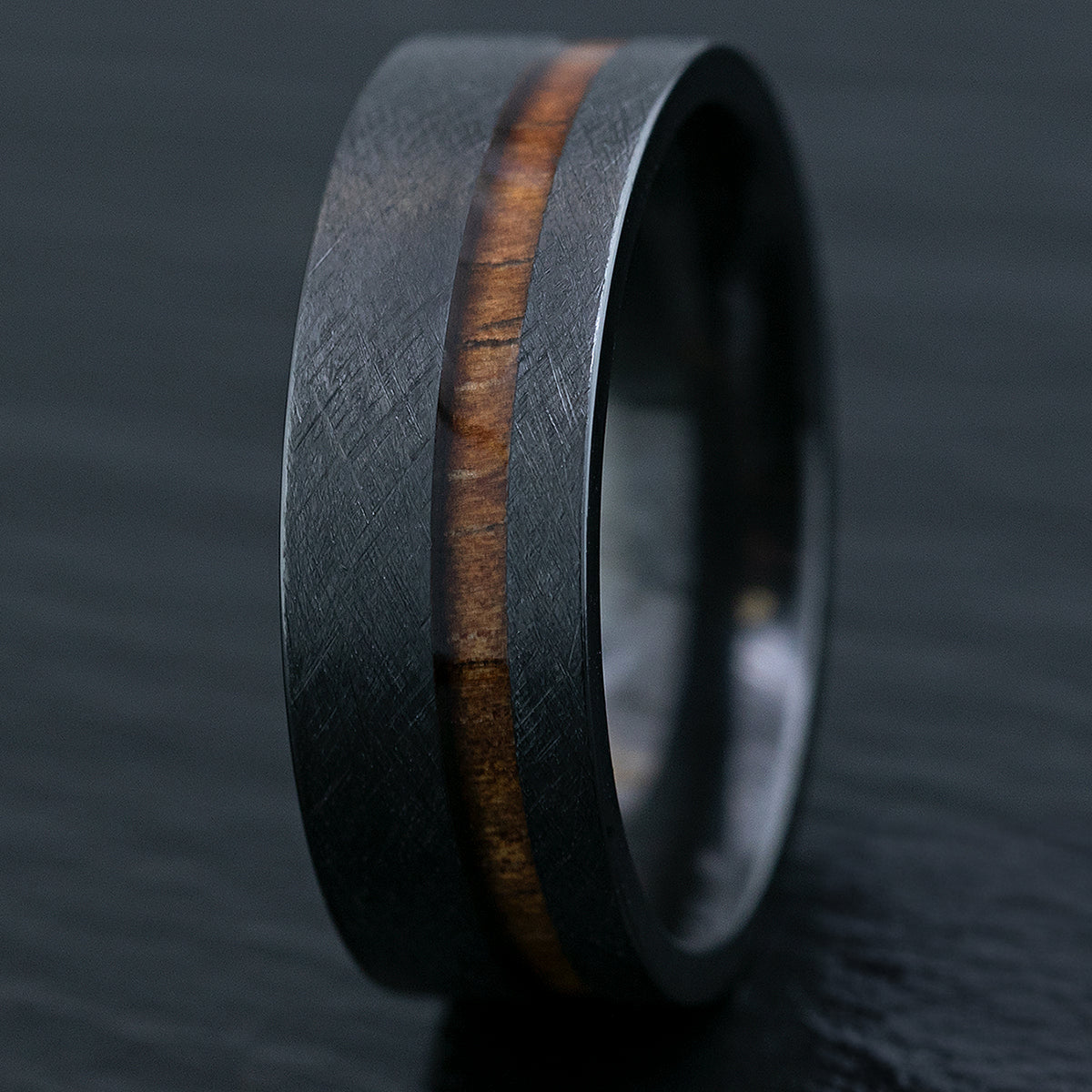 Black Zirconium Brushed Finished Ring with Offset Koa Wood Inlay, 8mm, Comfort Fitment, Flat Shape