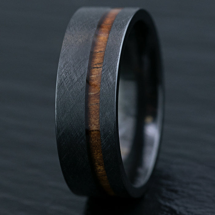 Black Zirconium Brushed Finished Ring with Offset Koa Wood Inlay, 8mm, Comfort Fitment, Flat Shape