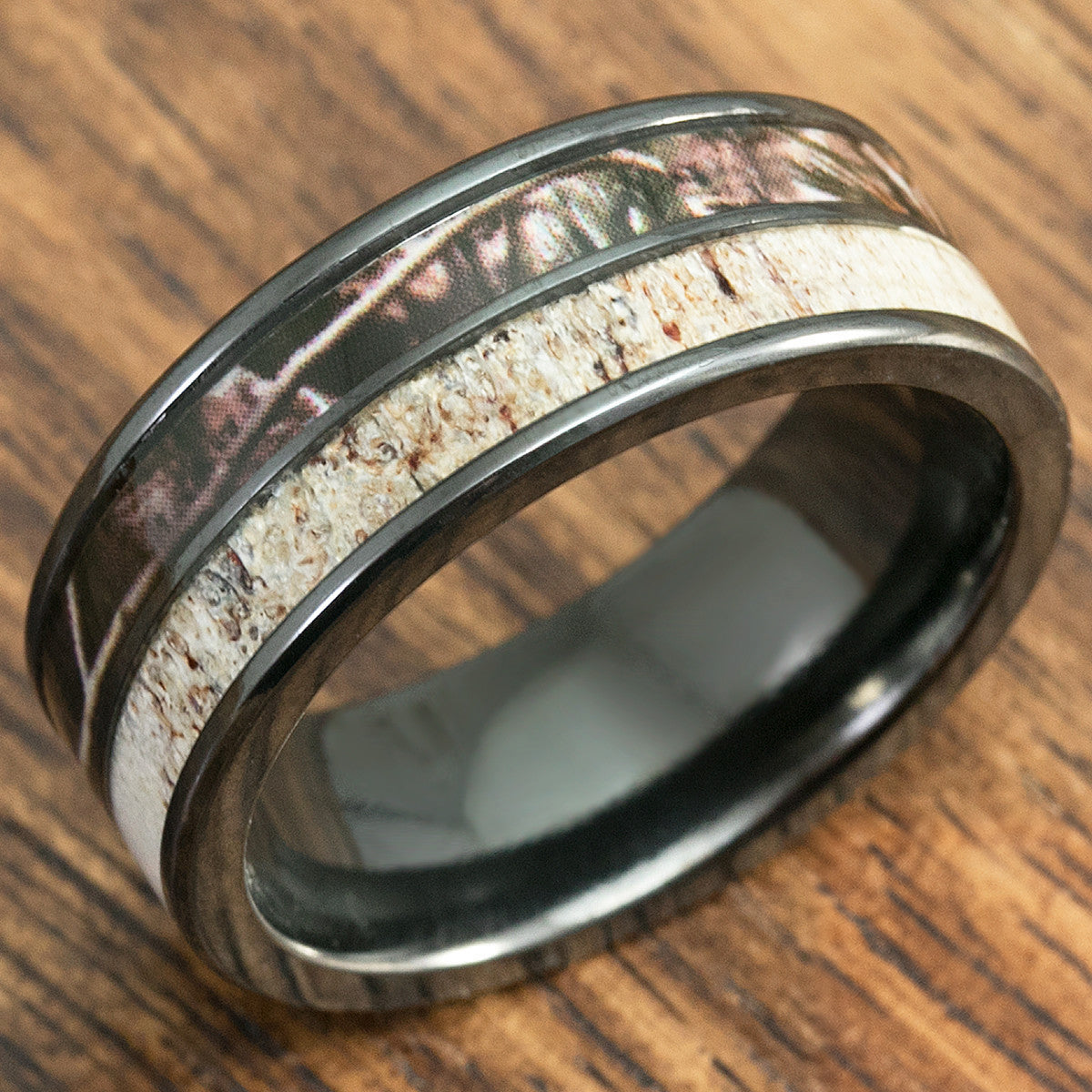 Black Zirconium Ring Camo & Antler Duo Inlay - 8mm, Flat Shape, Comfort Fitment