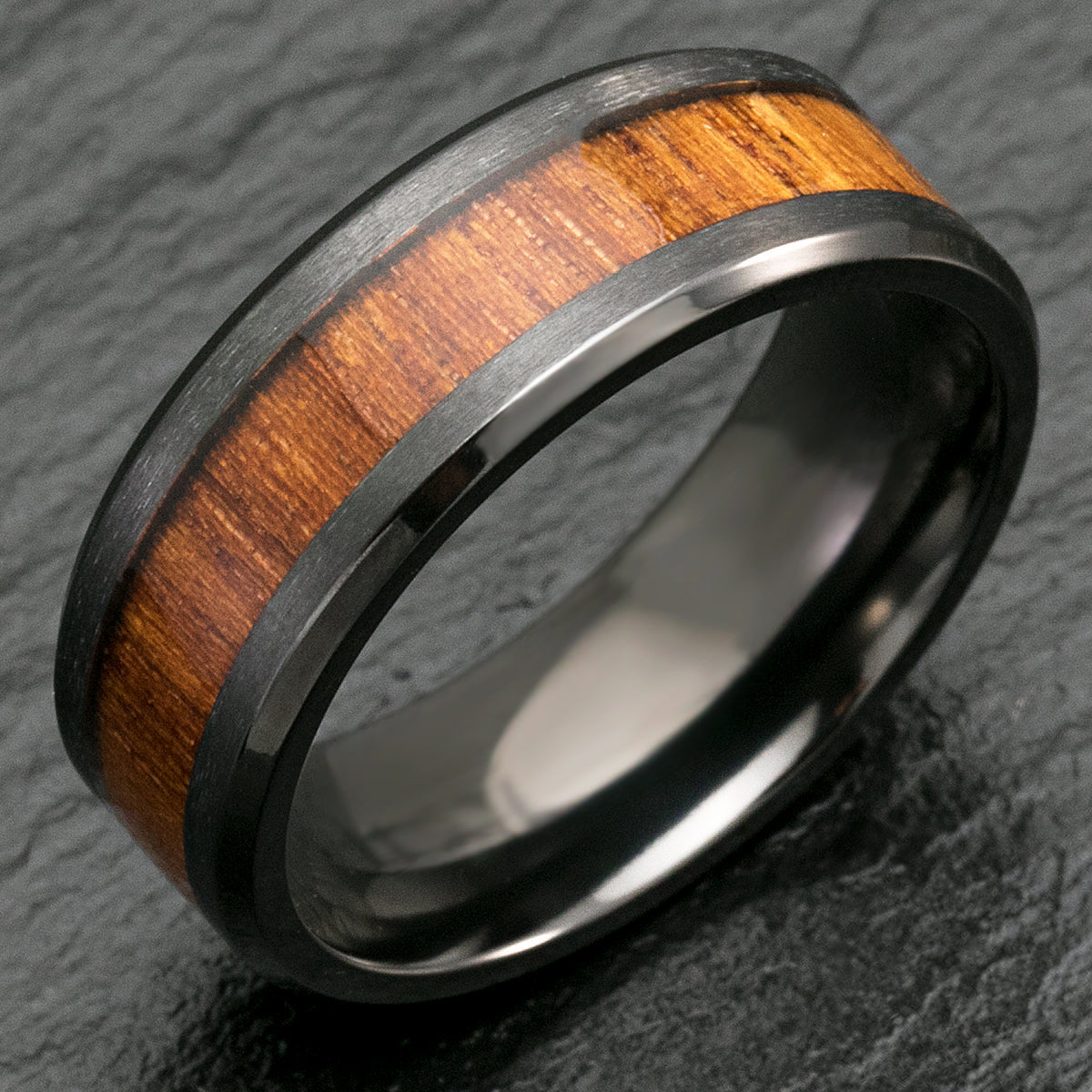 Black Zirconium Beveled Edge Ring with Hawaiian Koa Wood Inlay - 8mm, Flat Shaped, Comfort Fitment