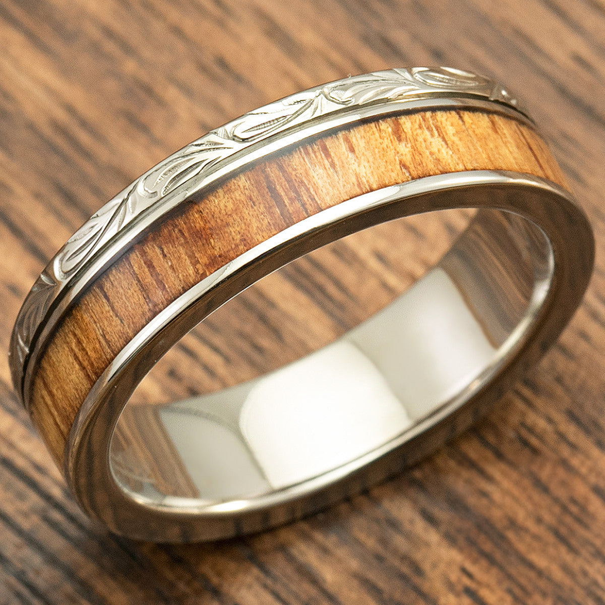 Titanium Hand Engraved Ring with Hawaiian Koa Wood Inlay - 6mm, Flat Shaped, Standard Fitment