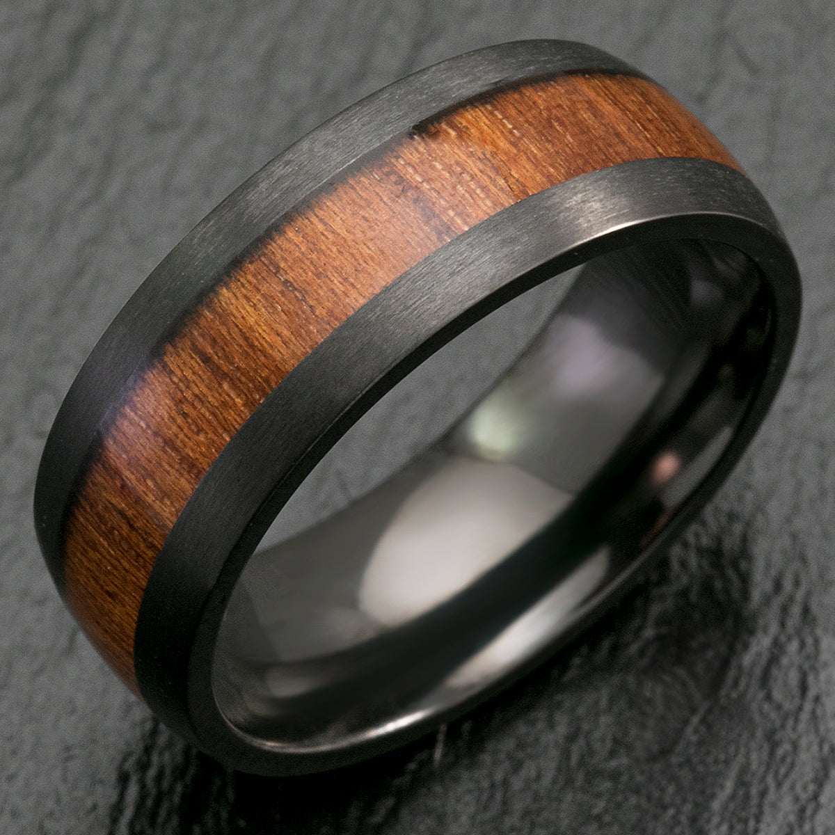 Black Zirconium Matte Finished Ring with Hawaiian Koa Wood Inlay - 8mm, Dome Shape, Comfort Fitment