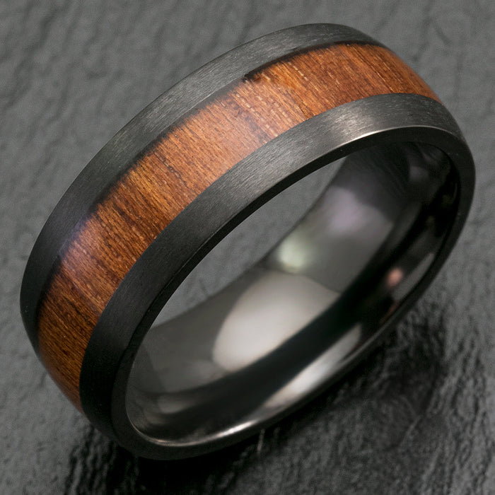 Black Zirconium Matte Finished Ring with Hawaiian Koa Wood Inlay - 8mm, Dome Shape, Comfort Fitment